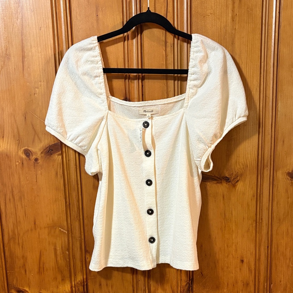 Madewell Jacquard Square-Neck Puff-Sleeve Top - Cream - Size Large - Picture 5 of 11